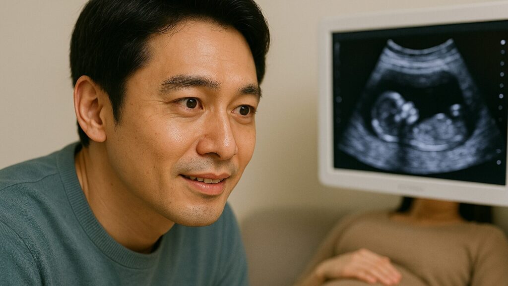妊婦健診でエコーの画像が表示され、嬉しい気持ちが表情に出ている夫
