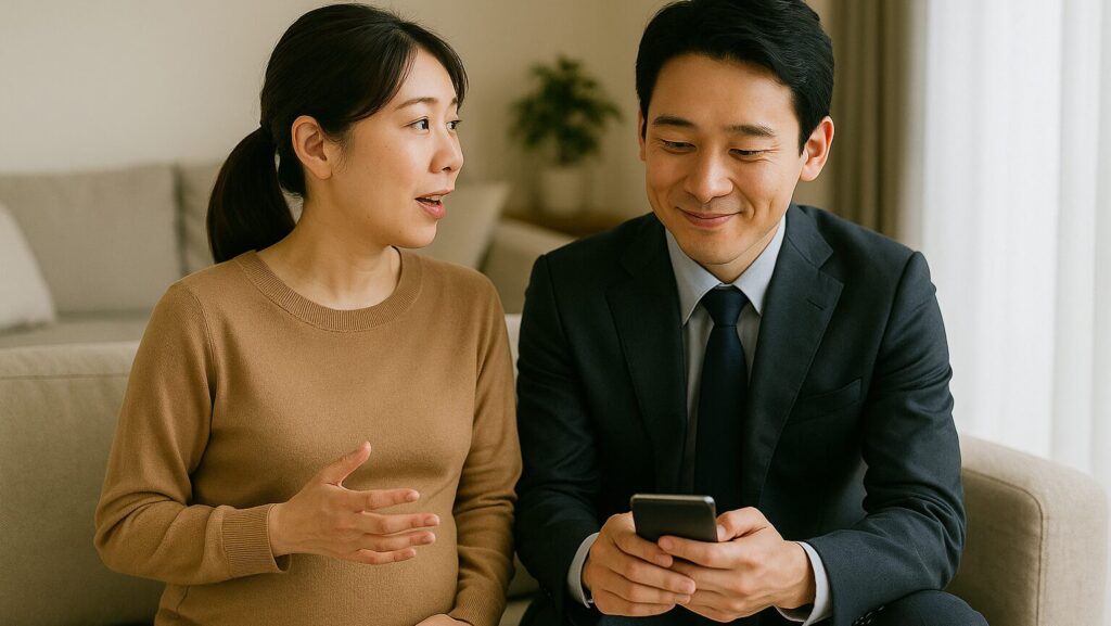 妻が言ったことを夫がスマホにメモしている様子