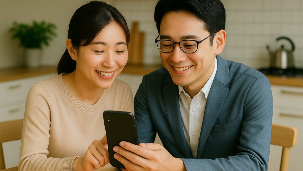 一緒にスマートフォンを操作している30代の夫婦