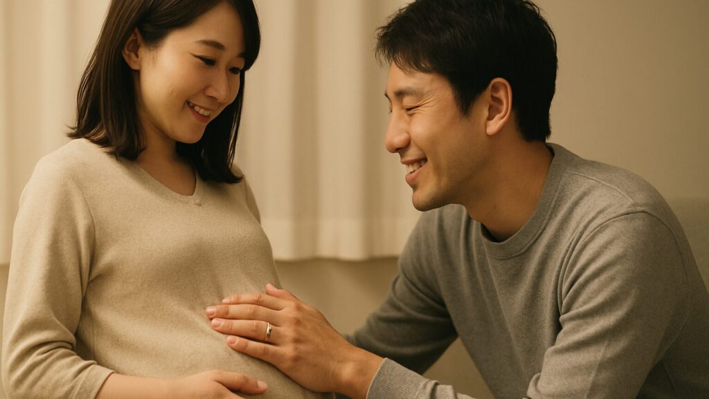 妊娠中の妻のお腹を夫が触りながら笑顔になっている