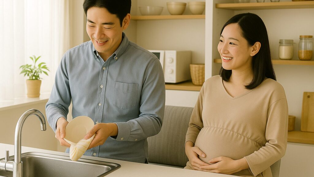 食器洗いをしている夫を妊娠中の妻が笑顔で見ている様子