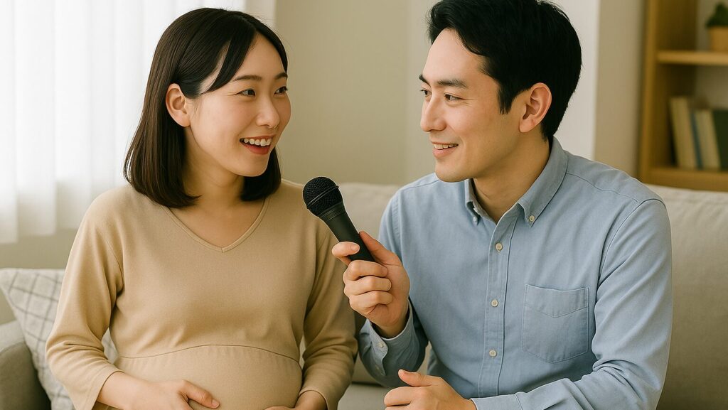 家の中で和やかな雰囲気でインタビューごっこをしている30代の夫婦