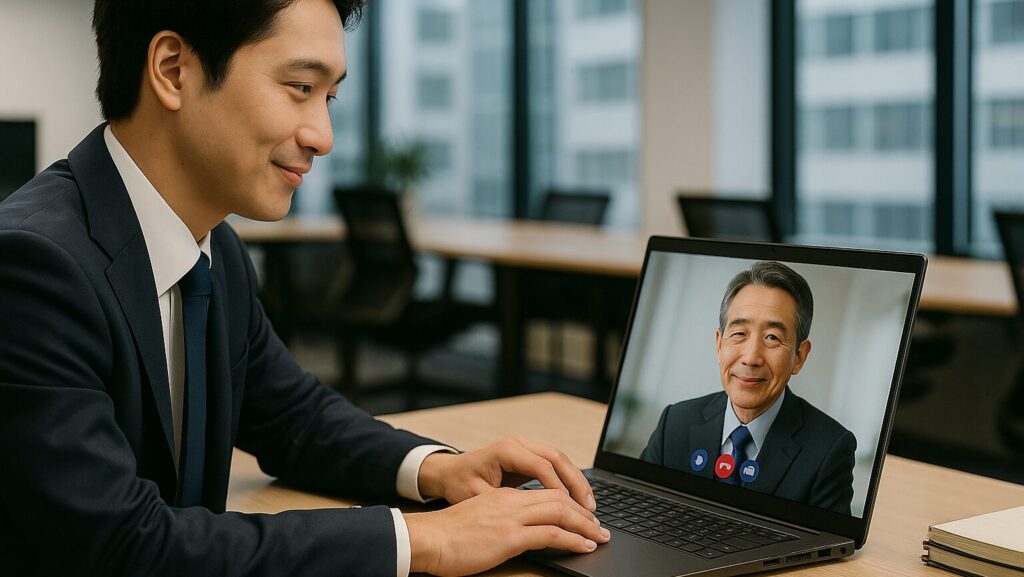 穏やかな雰囲気でビデオ会議をしている男性社員と上司