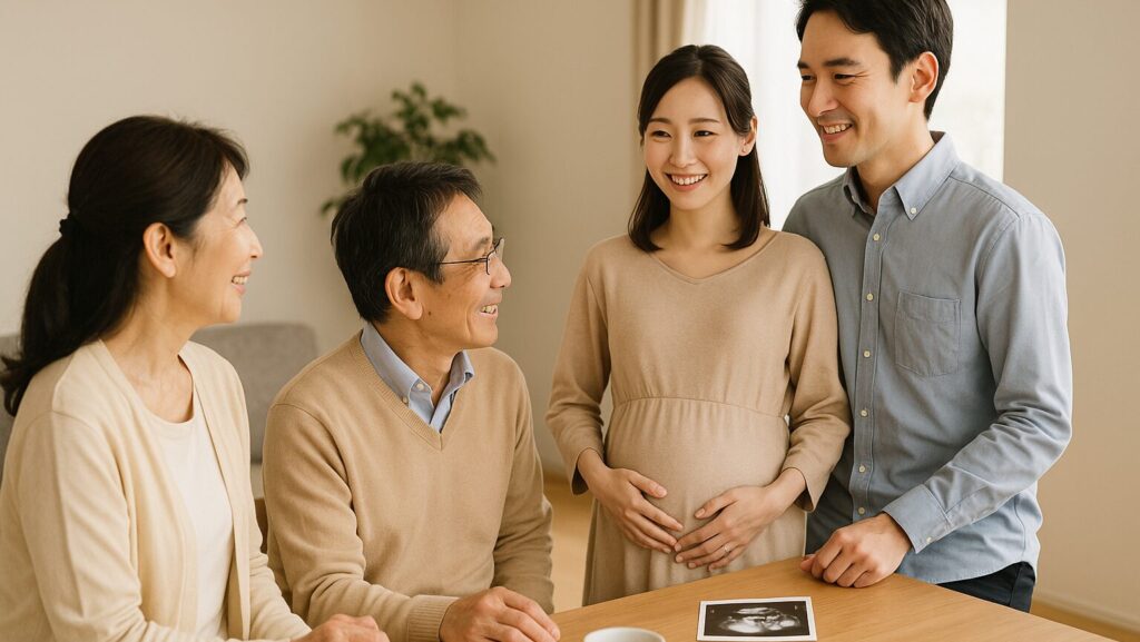 30代前半の夫婦が男性の両親と仲良く家の中で話している様子