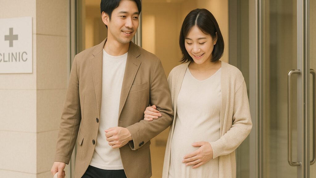 妊婦健診を終え、手を繋いで病院から帰る30代の夫婦