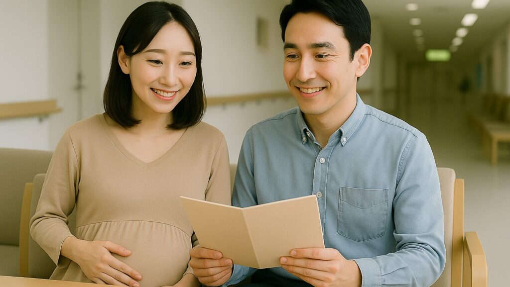 病院の待合室で何かを見て笑顔になっている30代の夫婦