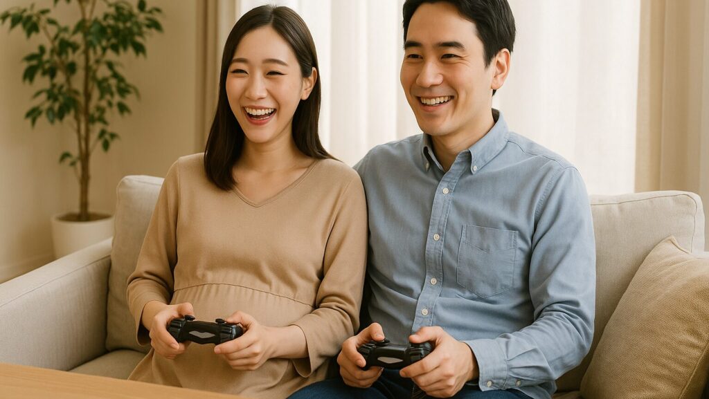 一緒に仲良くゲームを楽しんでいる30代の夫婦