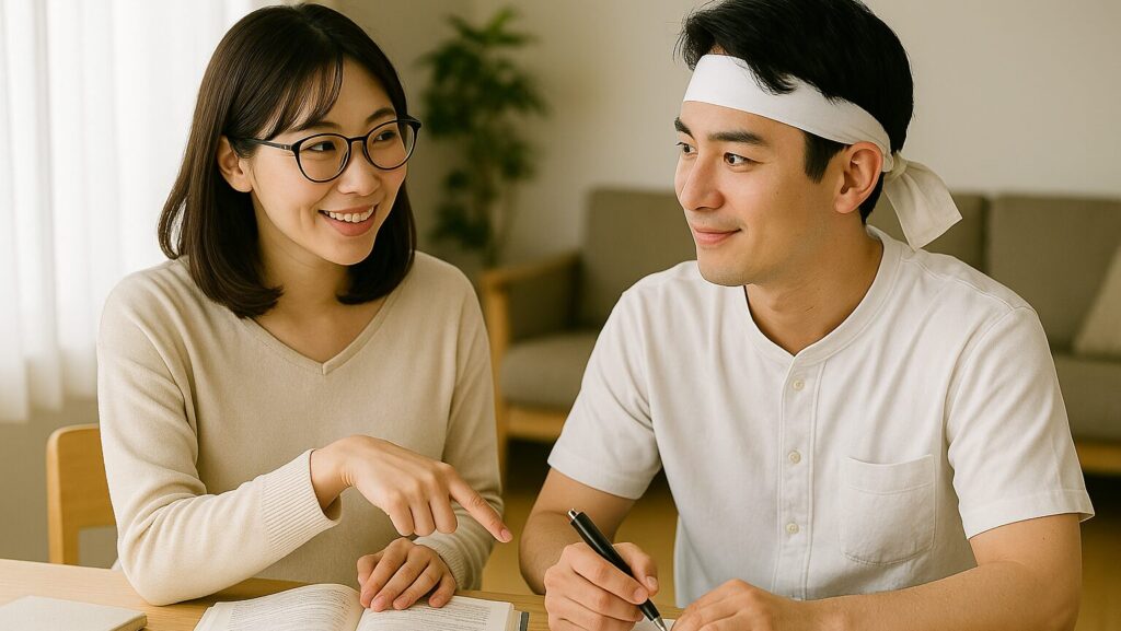 眼鏡をかけた妻が鉢巻を付けた夫に勉強会ごっこのような体裁で何かを教えている様子