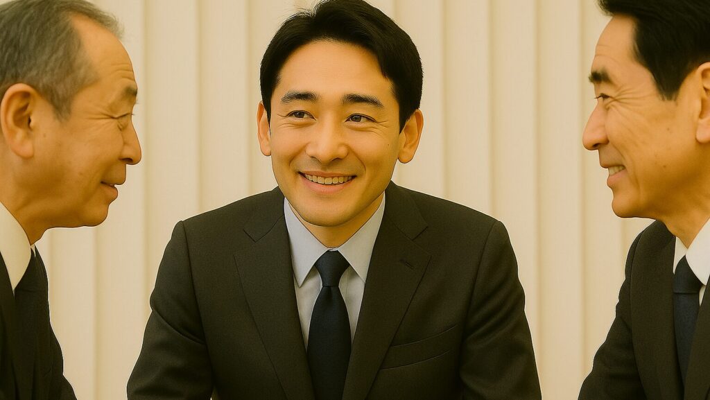 30代の男性会社員が先輩社員と和やかな雰囲気で話している様子