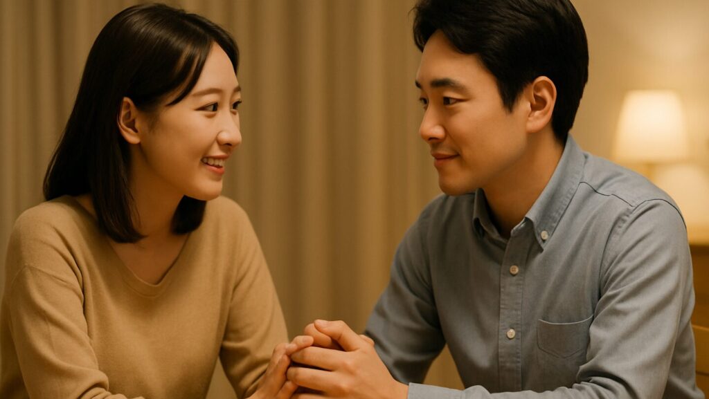家の中で30代の妻の手を30代の夫が握っている様子