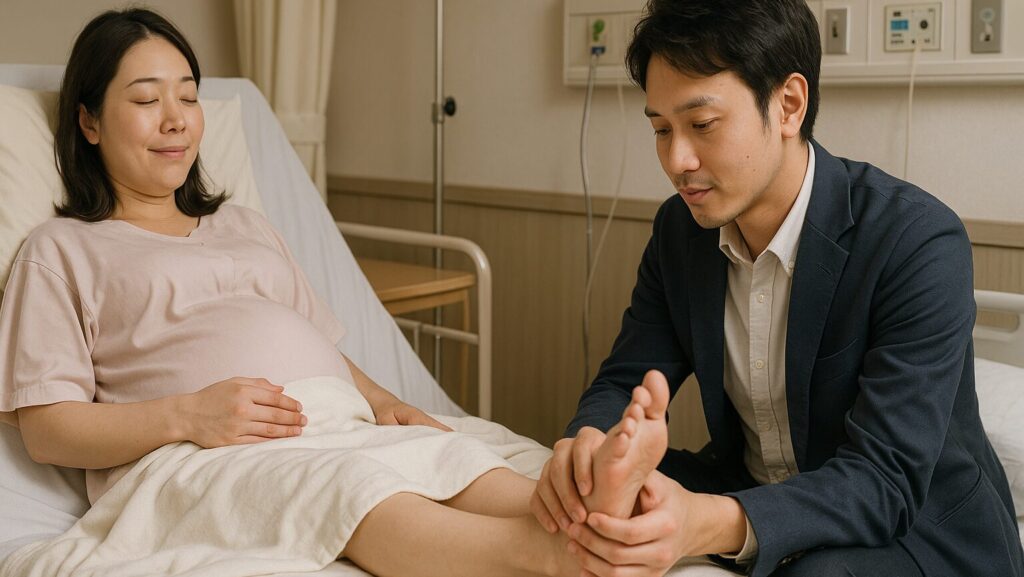 病室のベッドで横になっている妻の足をマッサージしている夫