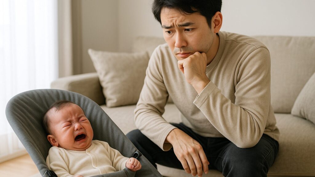 バウンサーに赤ちゃんを乗せて泣いている様子を困り顔で見つめるパパ