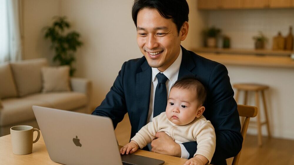 赤ちゃんを抱えながら家でパソコン仕事をしている会社員男性