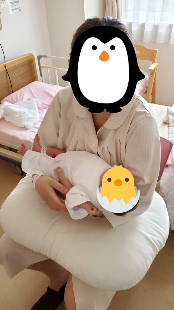 椅子に座って赤ちゃんを抱っこしている妻
