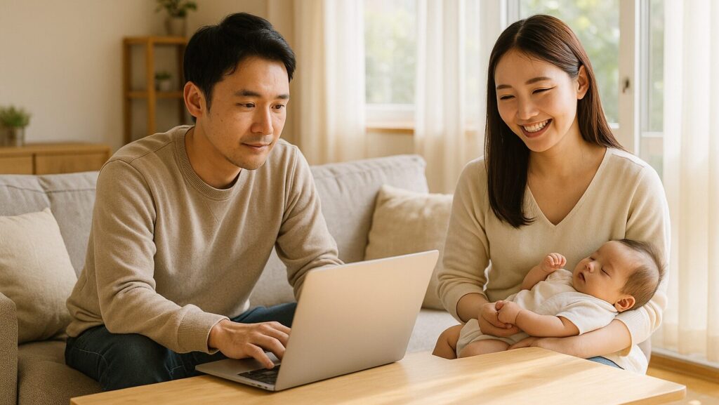 リビングで父が在宅ワークをしており、その横で赤ちゃんを抱いた母が笑顔でいる様子