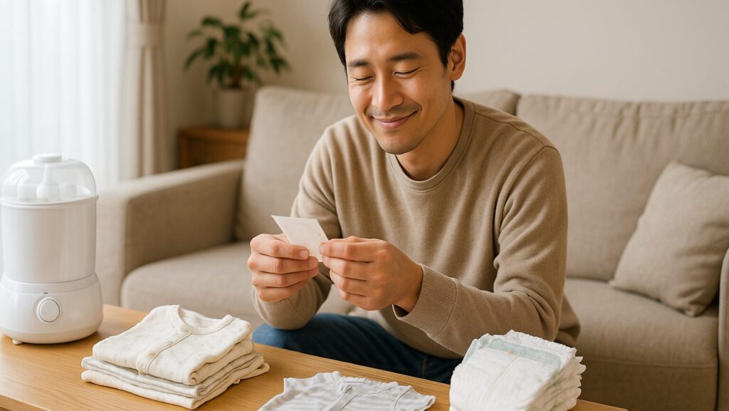 育児グッズにお金があまりかからずほっとしている30代パパ