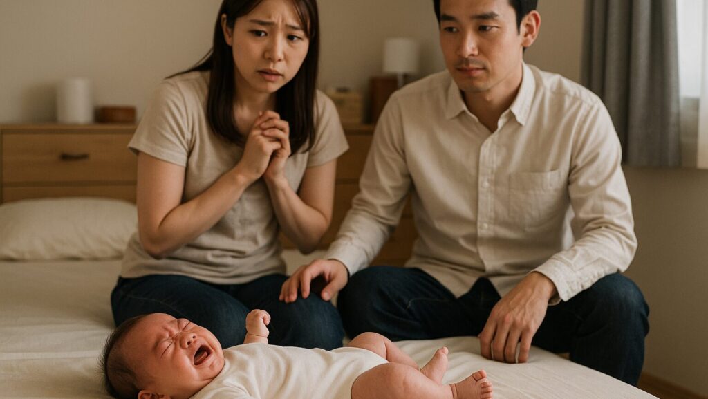 泣いている赤ちゃんを見てそわそわしている妻と、そんな妻を支えようとする夫