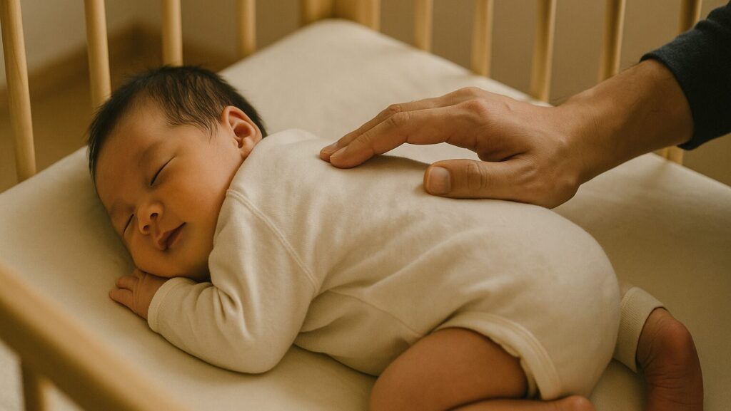 横向きで寝ている新生児の背中をパパがトントンしている様子