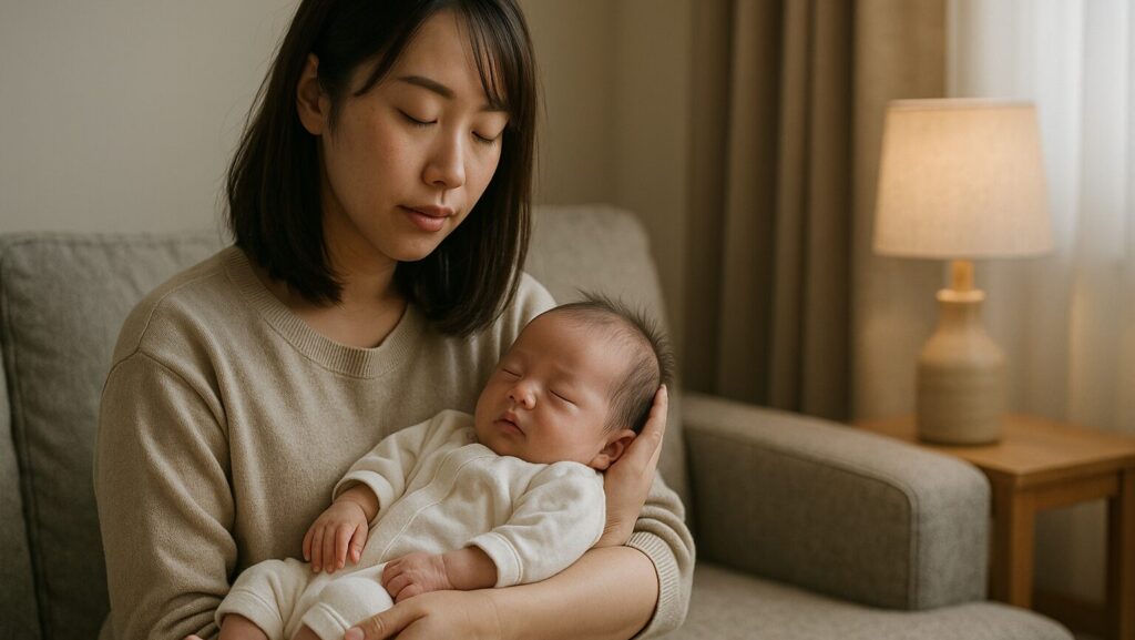 ソファで赤ちゃんの寝かしつけをしている女性