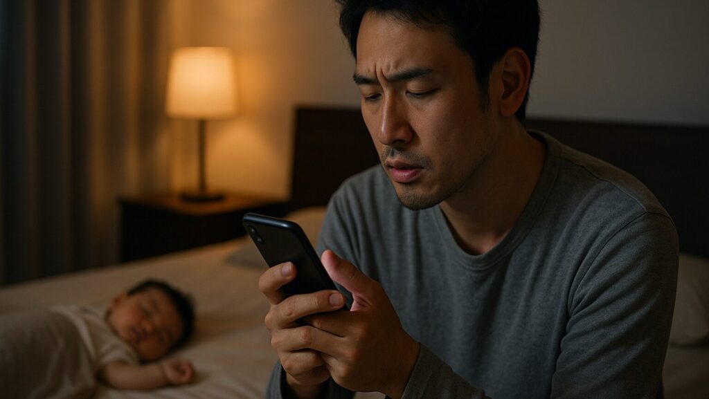 寝ている赤ちゃんのそばで、悲しげな表情でスマートフォンを操作する男性