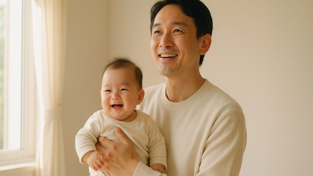 笑顔の赤ちゃんを抱っこして笑顔になっている男性