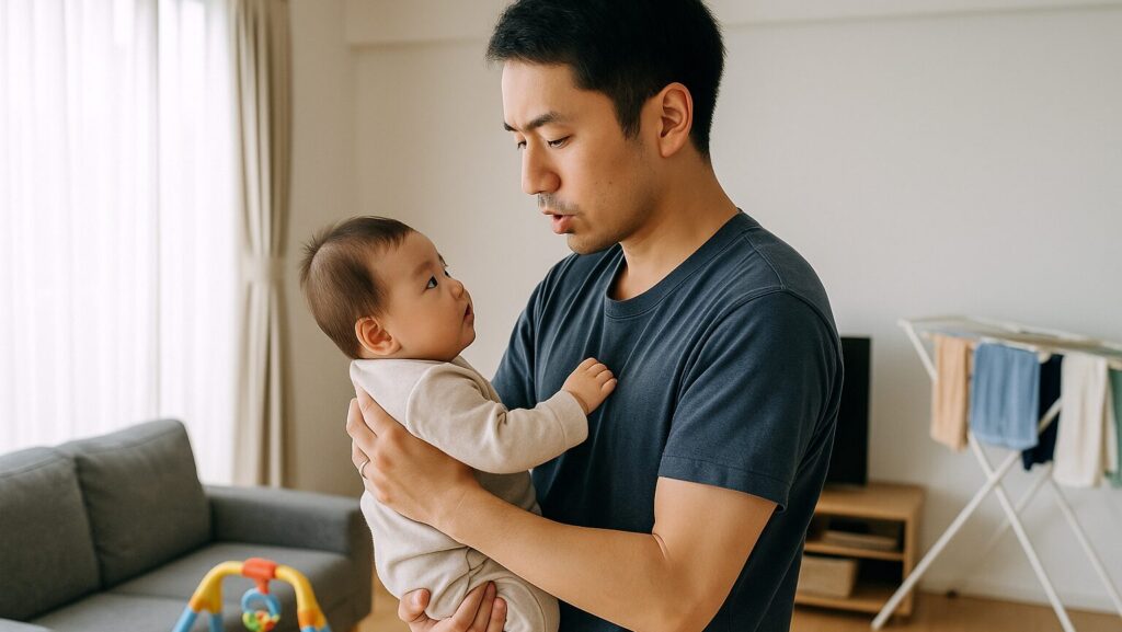 真剣な表情で赤ちゃんをあやす父親