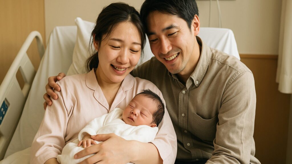 遂に生まれた子供を見て笑みを浮かべる夫婦