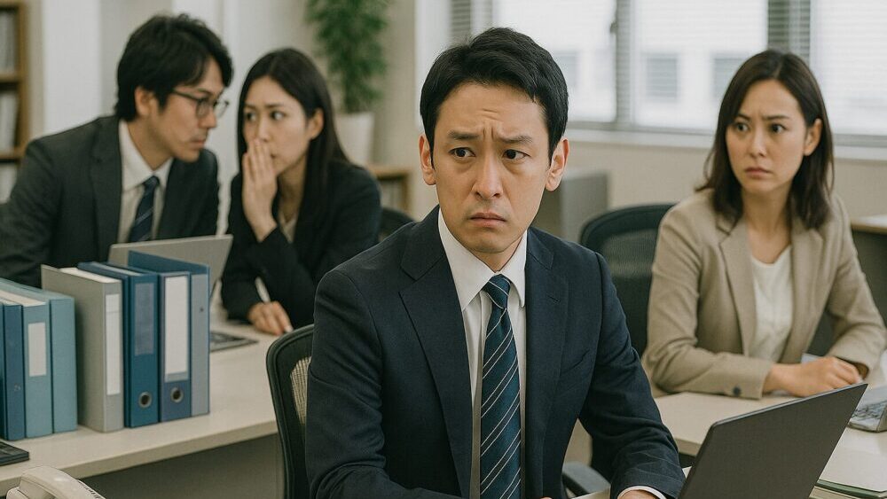 社内で自分に対する良くない噂が立っているのを察している男性会社員