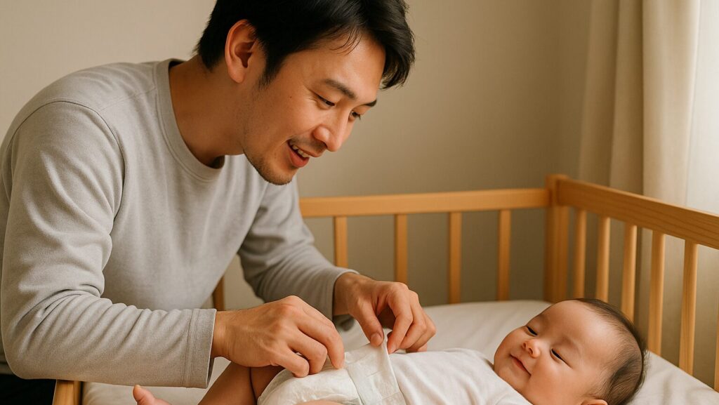 男性が赤ちゃんに優しく話しかけながらおむつを替えている様子
