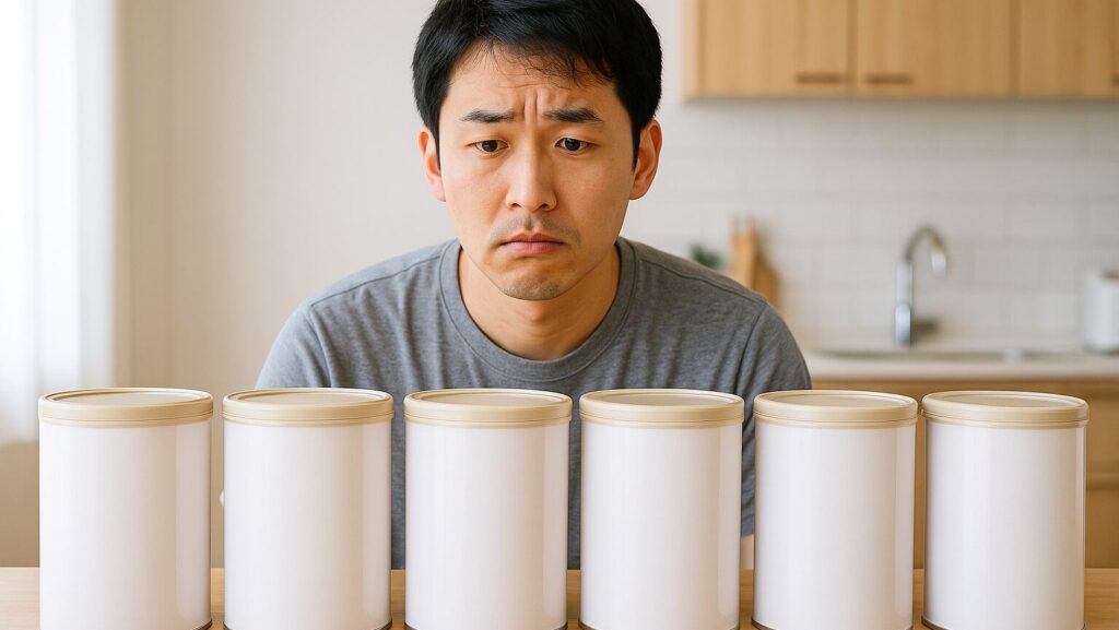 キッチンカウンターに並べたミルク缶を眺める日本人男性パパ