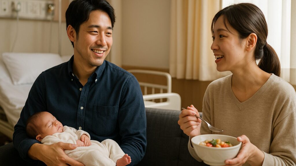 産後の病室で赤ちゃんを抱っこしている夫とご飯を食べている妻