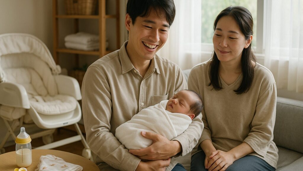自宅で赤ちゃんを抱え、微笑んでいる夫婦