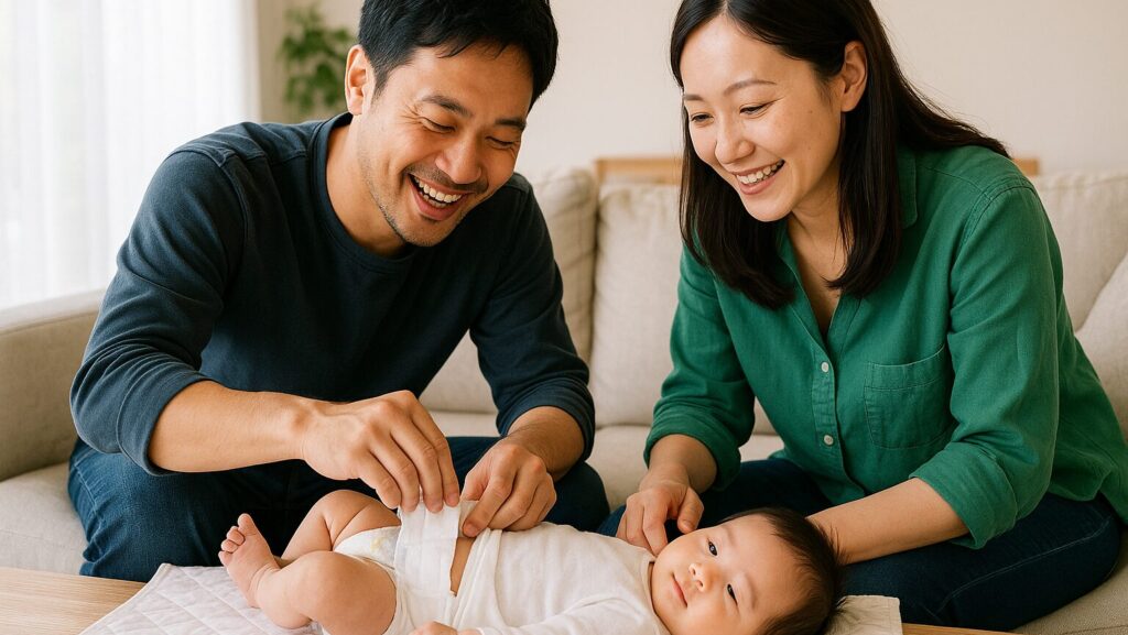 夫婦が赤ちゃんのおむつを穏やかな雰囲気で替えている様子