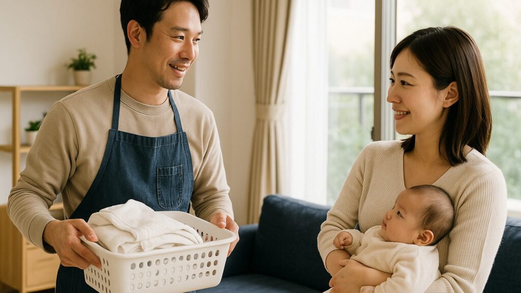 家事をしている夫と、赤ちゃんを抱える妻が微笑んでいる様子