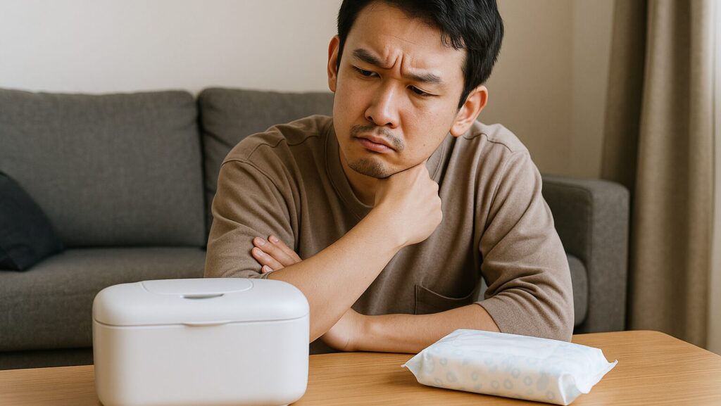 おしりふきウォーマーを前に「どう使えばいいの？」という表情のパパ