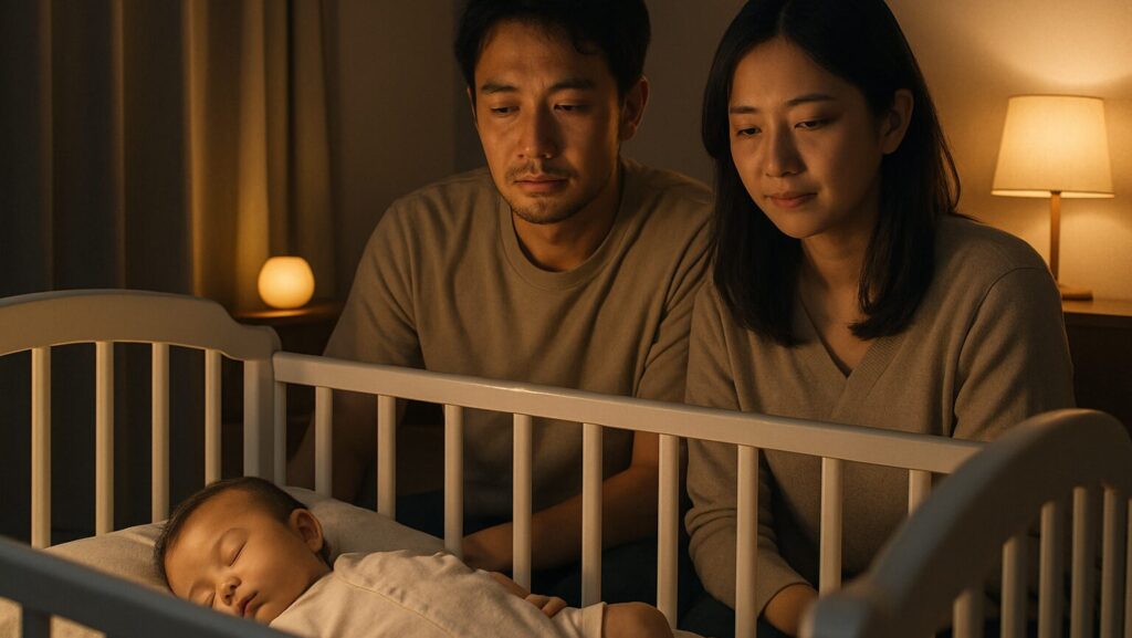夫婦が夜の子ども部屋で赤ちゃんが寝ているところを見守っている様子