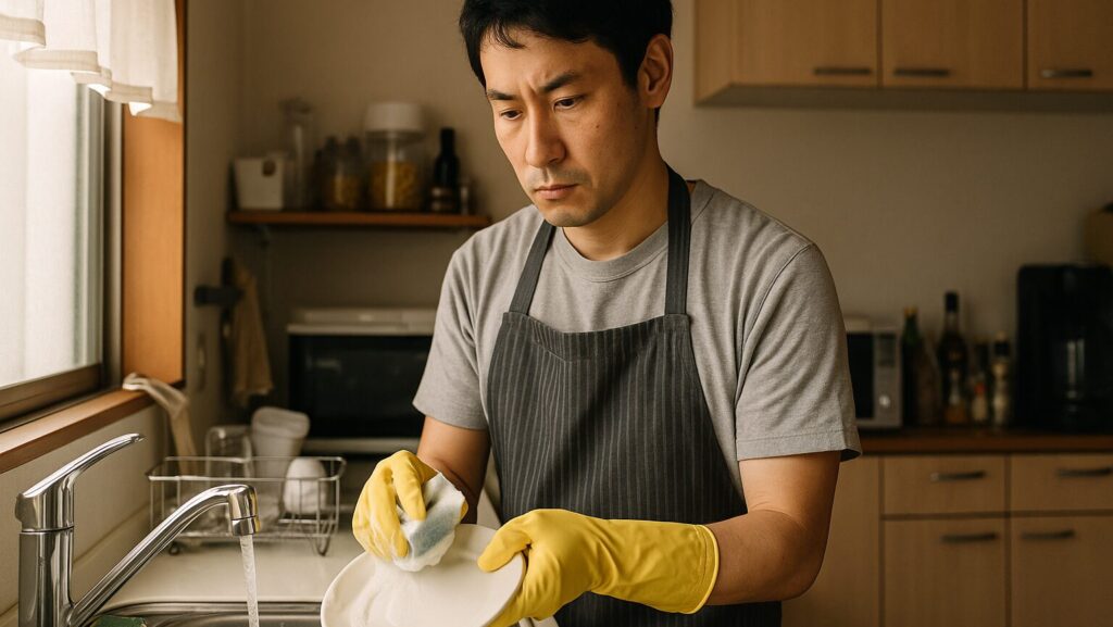 真剣な表情で食器洗いをする男性