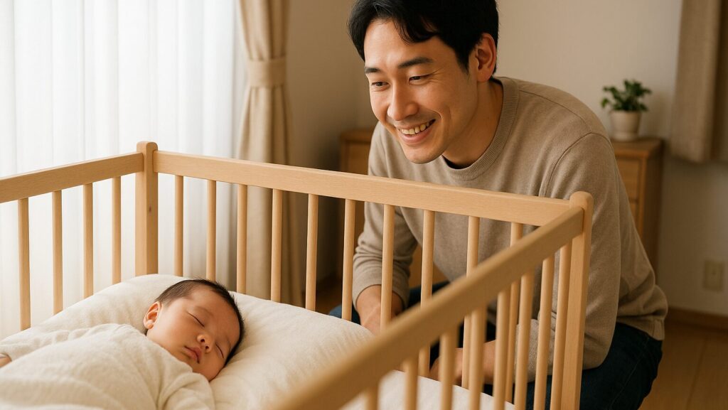 ベビーベッドで寝ている子どもの様子がつい気になってつい見に来てしまう30代パパ