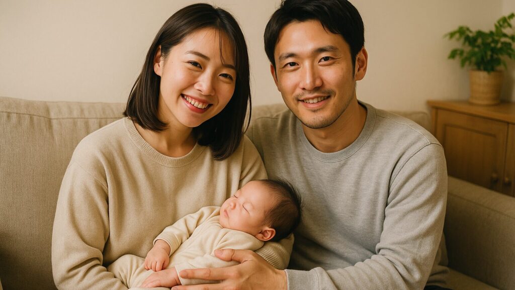 赤ちゃんを抱いている妻とその隣に座っている夫が笑顔でいる様子