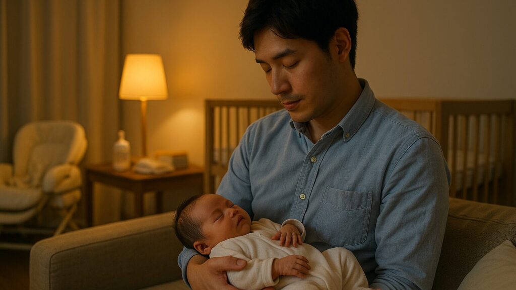 夜に自宅で赤ちゃんの寝かしつけをしているうちに自分も寝てしまっている男性