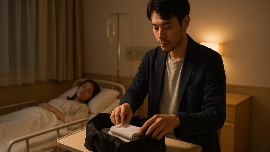 病室で妻が横になり、夫が物品の確認を代わりに行っている様子