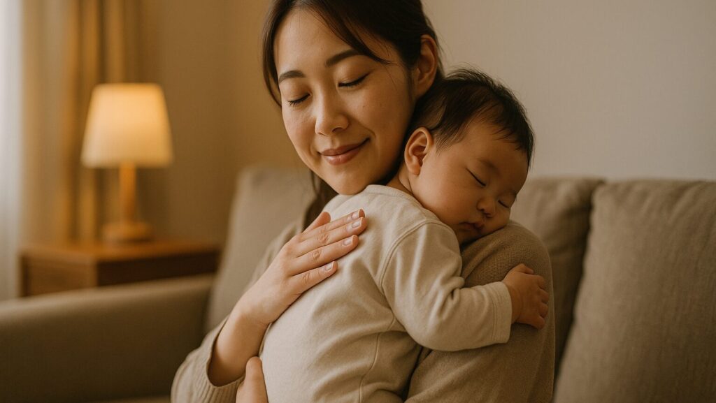 寝かしつけのため、ママが新生児を抱っこして背中をトントンしている様子