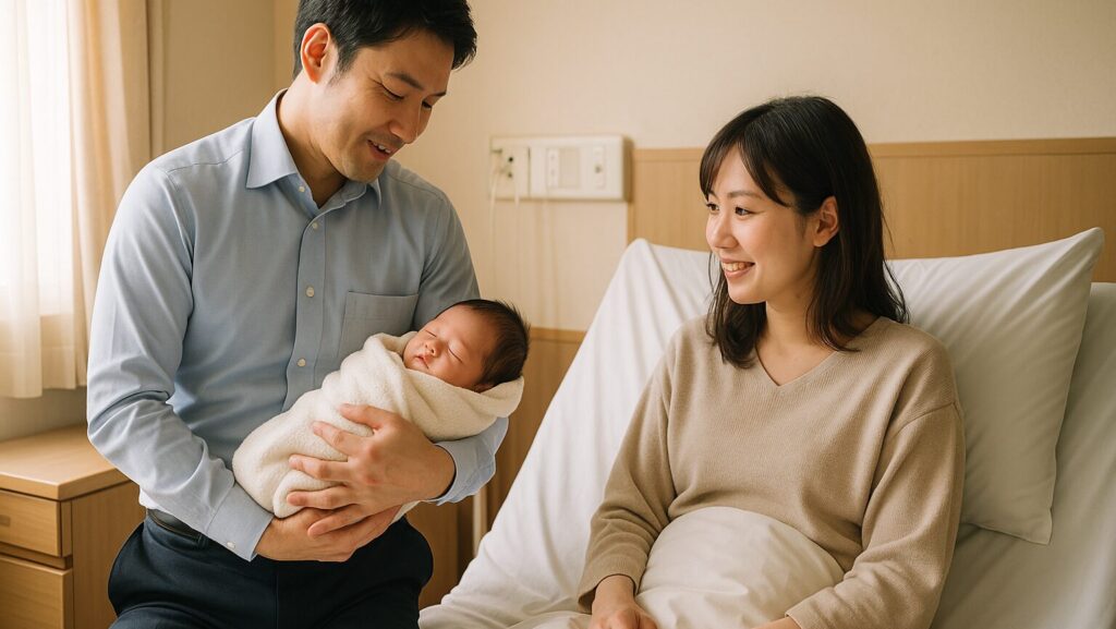 産後の病室で赤ちゃんを抱っこしている夫とそれを見て微笑んでいる妻