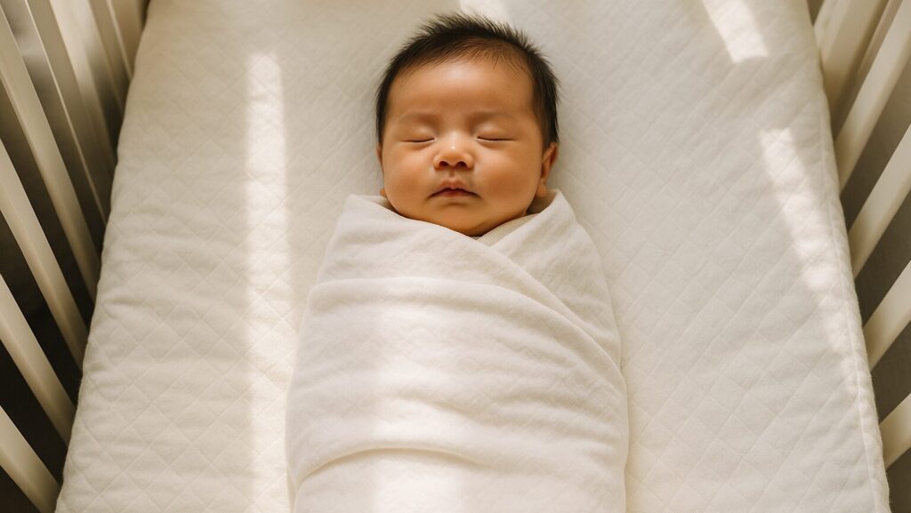 ベビーベッドでおくるみにくるまれて穏やかに寝ている赤ちゃん