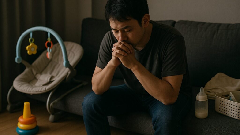 薄暗いリビングでソファに座ってうつむく30代前半の男性