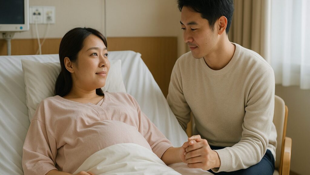 病室で横になる妊婦と、その手を握る夫