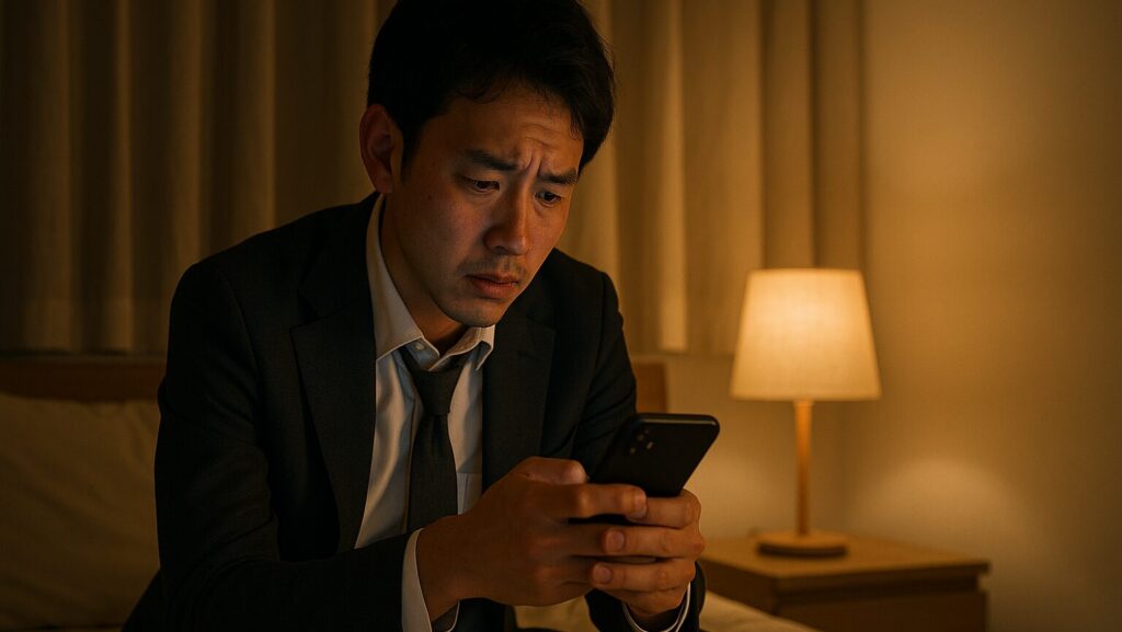 夜中、ベッドで妻からの連絡を確認する会社員の夫