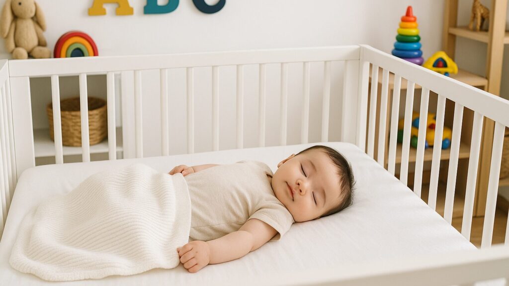 明るい子供部屋で、子供がすやすやと眠っている様子