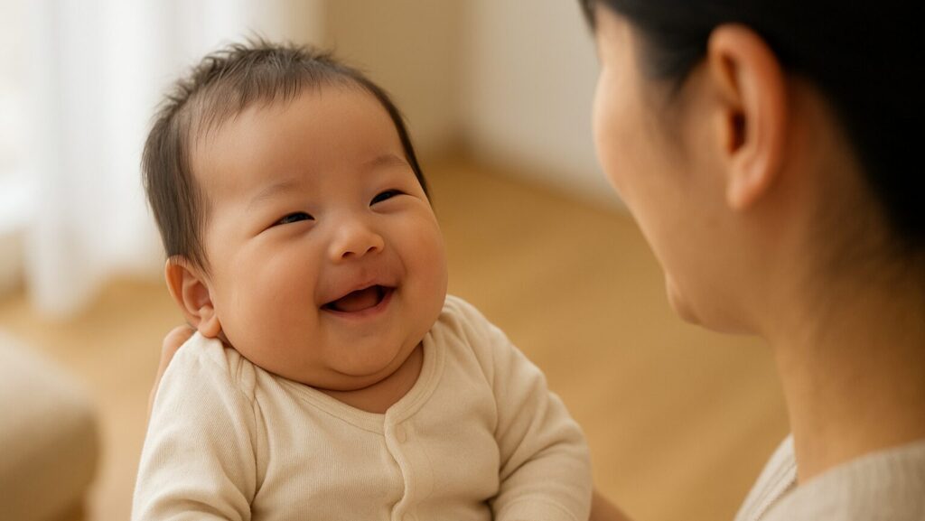 社会的微笑を浮かべる生後2か月くらいの赤ちゃん