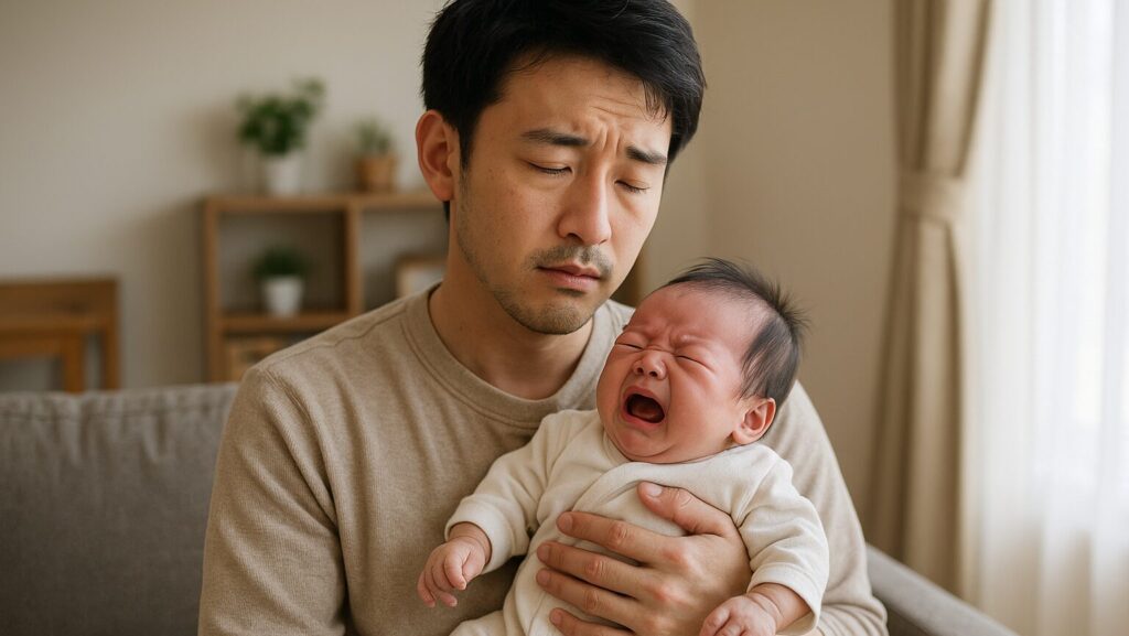 泣いている赤ちゃんに疲れてしまった表情をしている男性